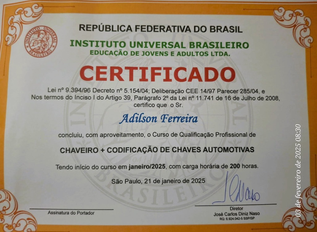 Certificado de Qualificação Profissional - Chaveiro + Codificação de Chaves Automotivas - Adilson Ferreira